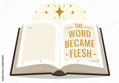 "The Word Became Flesh" religious illustration of an open Bible with glowing light and stars on a white background.