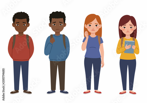 Group of sad and anxious diverse school children standing together with backpacks, flat vector illustration.