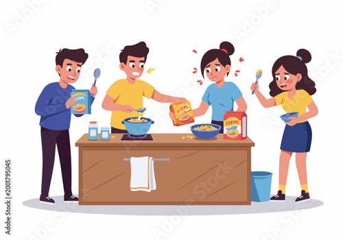 A Group of Confused Young Friends and Roommates Struggling to Prepare Breakfast in a Messy Kitchen Environment.