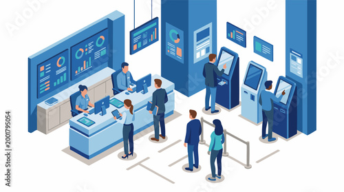 People making payment at a busy bank with tellers and ATMs