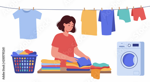 A young woman folding freshly washed colorful clothes on a table next to a laundry basket and washing machine in a laundry room illustration.