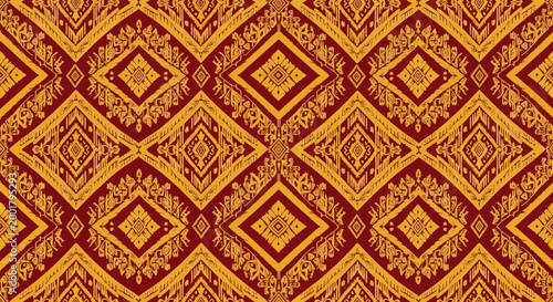 Seamless Traditional Songket Pattern Background, Elegant Gold and Maroon Geometric Ethnic Ornament, Indonesian Cultural Heritage Textile Illustration