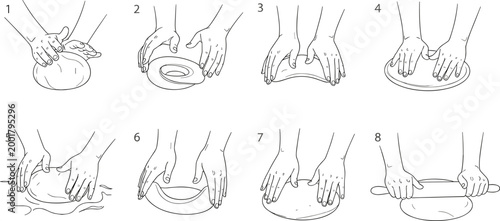 Dough Preparation Steps Illustration with Hands Kneading Rolling and Shaping Bread Process Line Vector Guide for Baking Tutorial Cooking and Culinary Education