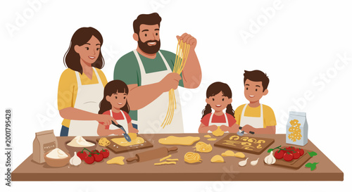 Happy family bonding while preparing fresh homemade pasta together on a wooden table, featuring parents and three children in aprons.