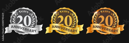 20 Years Anniversary Emblem Set with Gold Silver and Bronze Badges, Premium Ribbon Award Seals for Celebration, Corporate Milestone Vector Illustration