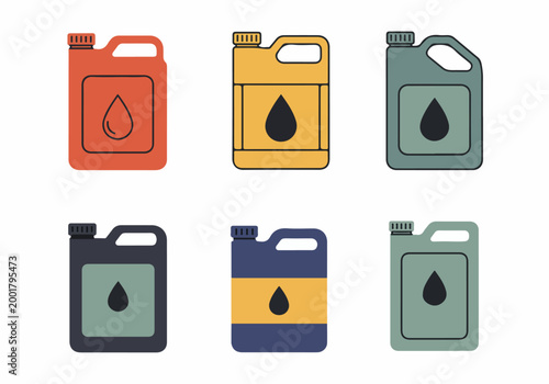 Collection of six vector icons of plastic canisters for engine oil, fuel, or chemical liquids, shown in different colors and minimalist flat designs.