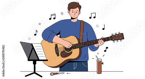 Vector illustration of a man playing an acoustic guitar, standing with a music stand and floating notes, representing a musical hobby or performance.