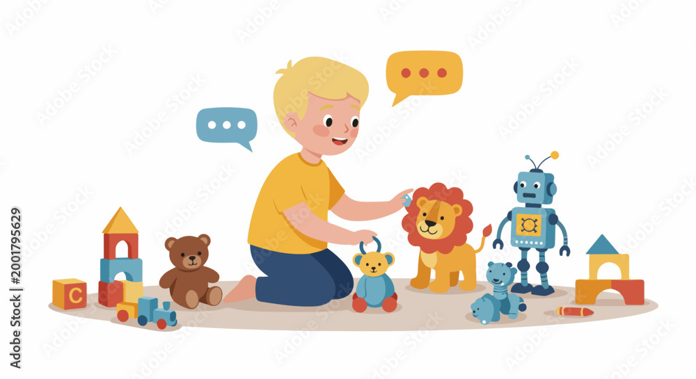 Fototapeta premium A young boy playing with a variety of toys including a robot, teddy bear, and building blocks on a white background.