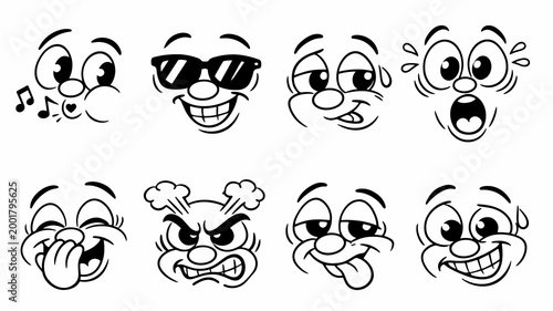 Set of eight cartoon comic faces showing various emotions: happy, cool, angry, silly, surprised on white background. Retro doodle character set.