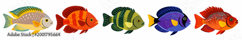 Collection of colorful tropical fish in a horizontal row on transparent background. Features various species including clownfish, blue tang and others.