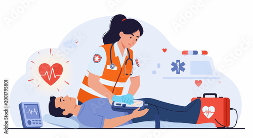 Female paramedic performing life-saving emergency first aid using a defibrillator on a male patient, flat vector illustration concept.