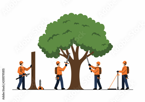 Illustration of professional arborists in orange uniforms providing tree care services including pruning and trimming branches using specialized hand tools.