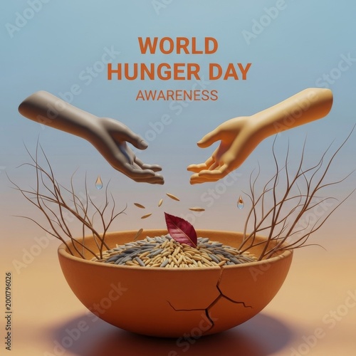 World Hunger Day awareness illustration with giving hands and empty bowl