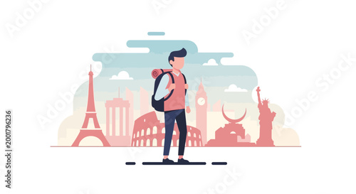 Adventurous solo traveler with a backpack standing against a backdrop of iconic world landmarks, representing a journey of global discovery and exploration