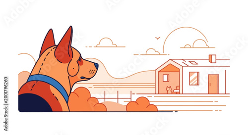 A loyal and watchful canine companion gazes thoughtfully towards a cozy home in the tranquil distance, symbolizing security, belonging, and the comforting anticipation of return