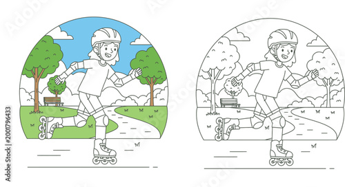 Girl Rollerblading in Park Vector Illustration Set - Active Child Inline Skating with Safety Gear and Black and White Coloring Book Page Template for Kids Educational Activities