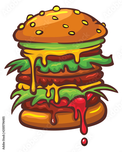 Colorful Fresh Fast Food Burger Cartoon. Outlined Tasty Hamburger or Cheeseburger vector illustration on isolated 