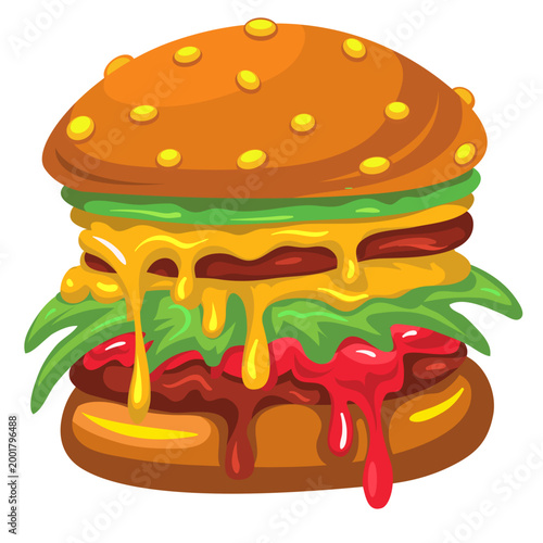 Colorful Fresh Fast Food Burger Cartoon. Outlined Tasty Hamburger or Cheeseburger vector illustration on isolated 