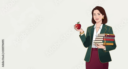 Dedicated female educator illustration holding an apple and a stack of books, symbolizing knowledge, appreciation, and academic pursuit in a learning environment