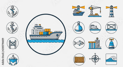Cargo Ship Illustration with Maritime Icons.