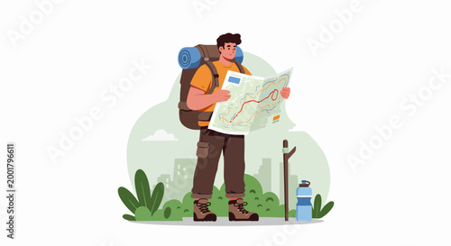 A young male hiker with a backpack and gear looking at a map while exploring a nature trail near the city.