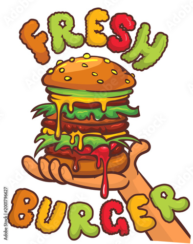 Right hand holding burger. Cartoon vector illustration of tasty hamburger or cheeseburger