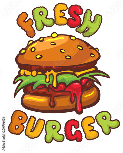 Vibrant, appetizing cartoon burger with gooey melted cheese, accompanied by 'FRESH BURGER' text, perfect for food service branding. Vector illustration