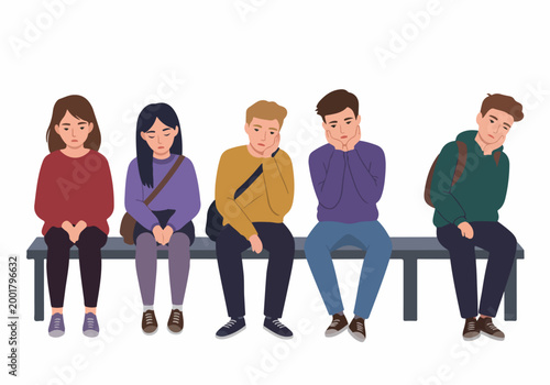 A diverse group of five bored and tired teenagers sitting together on a bench, expressing feelings of sadness and boredom.