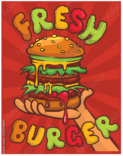 Vibrant, appetizing cartoon burger with gooey melted cheese, accompanied by 'FRESH BURGER' text, perfect for food service branding. Vector illustration