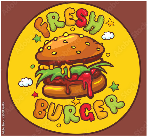 Vibrant, appetizing cartoon burger with gooey melted cheese, accompanied by 'FRESH BURGER' text, perfect for food service branding. Vector illustration