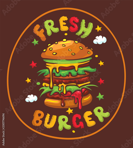 Vibrant, appetizing cartoon burger with gooey melted cheese, accompanied by 'FRESH BURGER' text, perfect for food service branding. Vector illustration