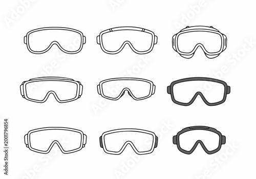 Vector collection of nine different goggle icons for skiing, snowboarding, and safety protection, isolated on a white background.