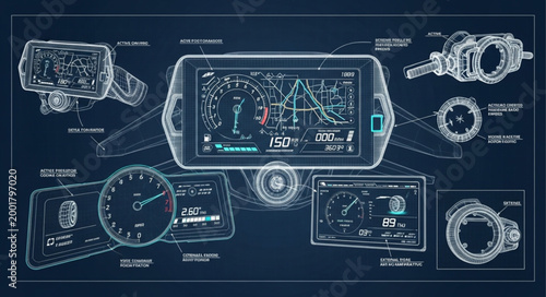 Digital Dashboard Display and Engine Components Blueprint.