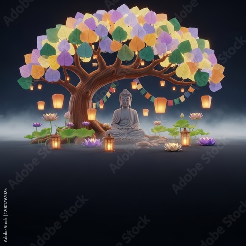 Peaceful Vesak celebration illustration with Buddha statue and lanterns