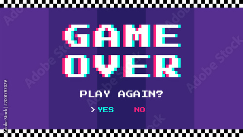 Game over retro pixel glitch typography arcade gaming screen with play again question