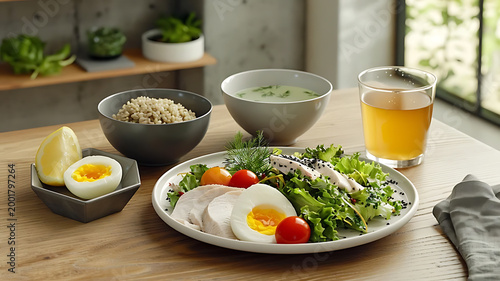 Healthy Lunch with Chicken Salad, Boiled Egg, and Brown Rice / チキンサラダ、ゆで卵、玄米が並ぶ栄養バランスの良いヘルシーランチ