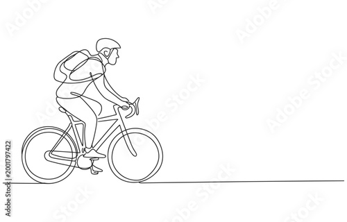 Continuous line drawing of a cyclist with backpack riding a bicycle single line outdoor activity recreational activity illustration transportation backpack outdoors healthy lifestyle