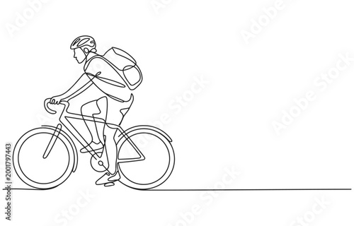 Continuous line drawing of a cyclist with backpack riding a bicycle single line outdoor activity recreational activity illustration transportation backpack outdoors healthy lifestyle