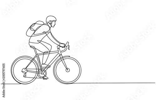 Continuous line drawing of a cyclist with backpack riding a bicycle single line outdoor activity recreational activity illustration transportation backpack outdoors healthy lifestyle