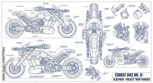 Detailed technical blueprint of a futuristic combat motorcycle.