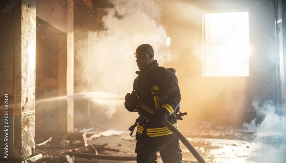 Naklejka premium Firefighter in protective gear spraying water inside a smoke-filled building with bright light from window