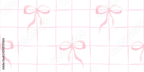 Coquette pink bows seamless surface pattern design. Whimsical checkered doodle print. Picnic tartan gingham texture hand paint background for textile, wallpaper, home decor, tablecloth, bed linen