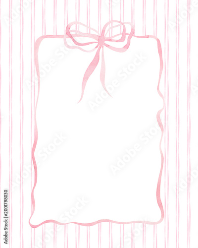 Pink coquette frame of bows on striped background. Whimsical girly vintage watercolor template of ribbon. Elegant layout for Valentine's day card, invitations, baby shower, birthday, nursery decor