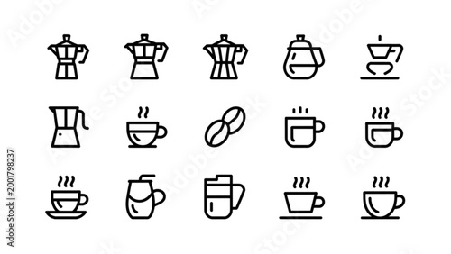 Minimalist coffee and kitchenware icons set with different styles Vector