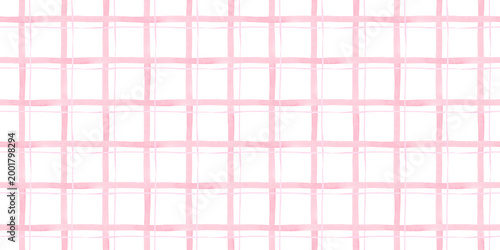 Pink watercolor gingham abstract geometric background. Hand painted chequered seamless pattern. Grid texture print for textile, wallpaper, home decor, tablecloth, wrapping paper, linen 
