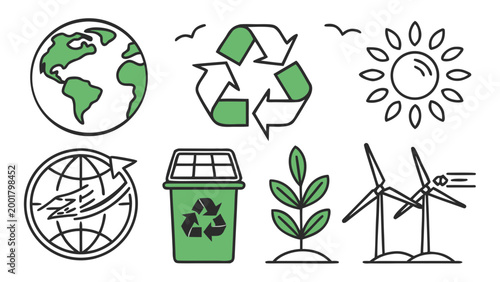 Ecology Recycling Environment Green Energy Icon Set Flat Vector Illustration Isolated Colorful Collection
