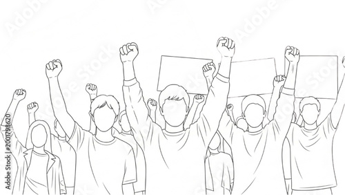People protesting with fists raised and 2D AutoCAD signs peacefully