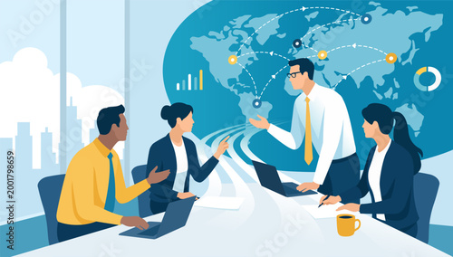 Discussing global strategy. The team sits at a table that continues into the shape of rising lines pointing at a world map. Business vector illustration.
