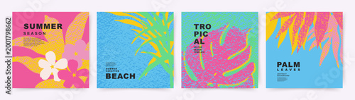 Creative of Summer bright posters set with abstract tropical leaves. Theme of Vacation, Travel, Beach. Trendy vector designs for branding, advertising, printing, banner, cover, social media