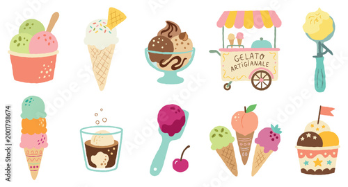 Vector icecream gelato collection. Cones cups affogato stand cart. Artigianale flavors desserts.